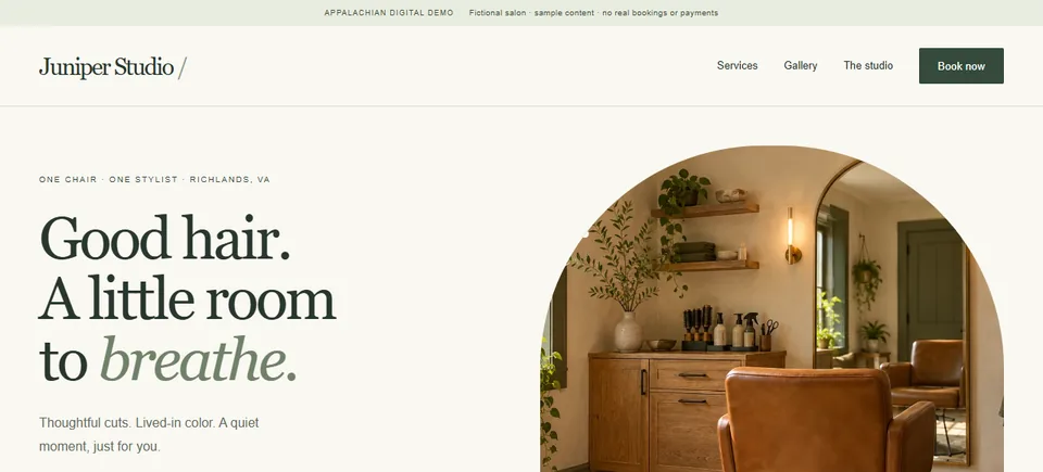 Home page of Juniper Studio, our sample one-chair salon
