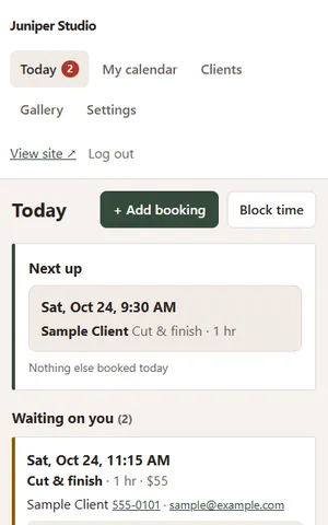 The owner's Today screen on a phone: next appointment, requests, add booking and block time