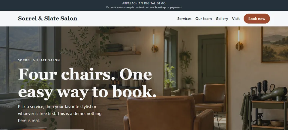 Home page of Sorrel & Slate, our sample four-stylist salon